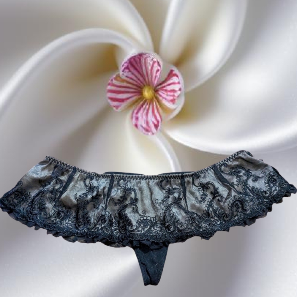 Sheer Black Lace Ruffle Thong Panty